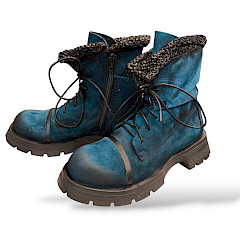 Papucei Jason Boots blau kaufen, Damen Lederboots mit Stoffeinsatz, coole Schnürboots Vollleder, Papucei Schuhe Rumänien, handgefertigte Boots Kassedy, Damen Schnürstiefel blau Leder