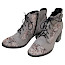 Abgebildet ist eine graue Stiefelette aus Leder. Der Schuh besitzt einen Blockabsatz, eine Schnürung auf der Vorderseite, einen seitlichen Innenreißverschluss und eine kleine Metallschnalle am Schaft. Teile der Stiefelette haben eine marmorierte Lederstruktur in Grau-Braun. Die Form ist modern und wirkt bequem. Abgebildet ist eine graue Stiefelette aus Leder. Der Schuh besitzt einen Blockabsatz, eine Schnürung auf der Vorderseite, einen seitlichen Innenreißverschluss und eine kleine Metallschnalle am Schaft. Teile der Stiefelette haben eine marmorierte Lederstruktur in Grau-Braun. Die Form ist modern und wirkt bequem.