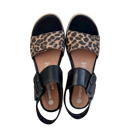 Remonte D2L53-03 Damen Sandalette in Schwarz und Natur mit Leo-Muster, Keilabsatz, Leder-Innensohle, verstellbare Klettverschlüsse, bequeme Sommer Sandale mit trendigem Animal-Print Remonte D2L53-03 Damen Sandalette in Schwarz und Natur mit Leo-Muster, Keilabsatz, Leder-Innensohle, verstellbare Klettverschlüsse, bequeme Sommer Sandale mit trendigem Animal-Print