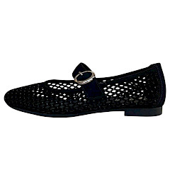 Remonte d0k18-02 schwarzer Slipper mit filigran durchbrochenem Muster und schmalem Riemen mit silberner Schnalle – elegant, luftig und stilvoll gestaltet.