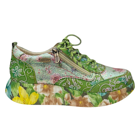 Laura Vita Nikito 62 Damen Schnürer Anis aus Vollleder mit herausnehmbarer Sohle und Reißverschluss, leichter Plateau Sneaker mit Blumenmuster Laura Vita Nikito 62 Damen Schnürer Anis aus Vollleder mit herausnehmbarer Sohle und Reißverschluss, leichter Plateau Sneaker mit Blumenmuster