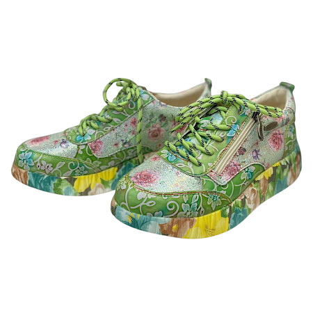 Laura Vita Nikito 62 Damen Schnürer Anis aus Vollleder mit herausnehmbarer Sohle und Reißverschluss, leichter Plateau Sneaker mit Blumenmuster Laura Vita Nikito 62 Damen Schnürer Anis aus Vollleder mit herausnehmbarer Sohle und Reißverschluss, leichter Plateau Sneaker mit Blumenmuster