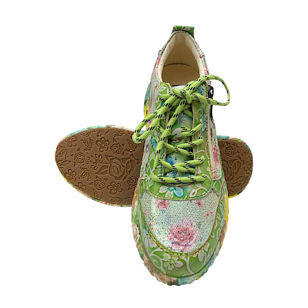 Laura Vita Nikito 62 Damen Schnürer Anis aus Vollleder mit herausnehmbarer Sohle und Reißverschluss, leichter Plateau Sneaker mit Blumenmuster Laura Vita Nikito 62 Damen Schnürer Anis aus Vollleder mit herausnehmbarer Sohle und Reißverschluss, leichter Plateau Sneaker mit Blumenmuster