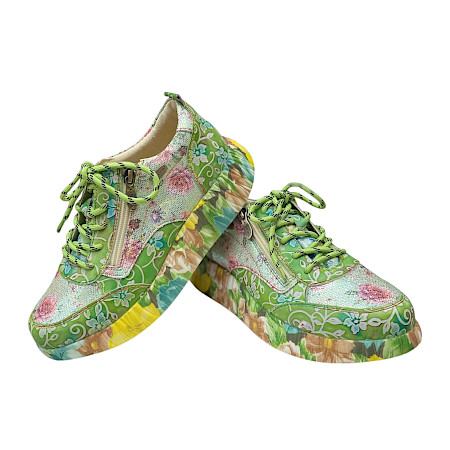 Laura Vita Nikito 62 Damen Schnürer Anis aus Vollleder mit herausnehmbarer Sohle und Reißverschluss, leichter Plateau Sneaker mit Blumenmuster Laura Vita Nikito 62 Damen Schnürer Anis aus Vollleder mit herausnehmbarer Sohle und Reißverschluss, leichter Plateau Sneaker mit Blumenmuster