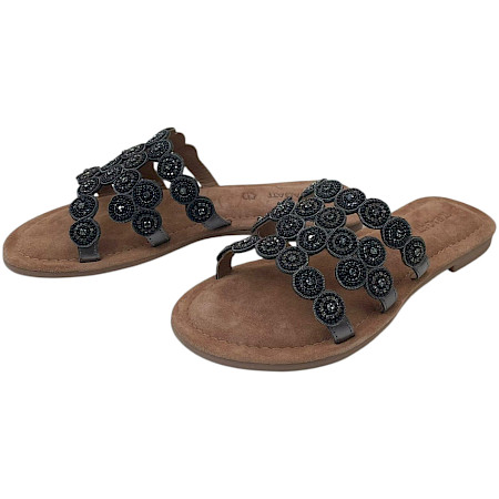 TT Bagatt Pantoletten Damen schwarz metallic glitzer Sandalen mit Strass Kreis Design Leder leicht sommerlich elegant TT Bagatt Pantoletten Damen schwarz metallic glitzer Sandalen mit Strass Kreis Design Leder leicht sommerlich elegant