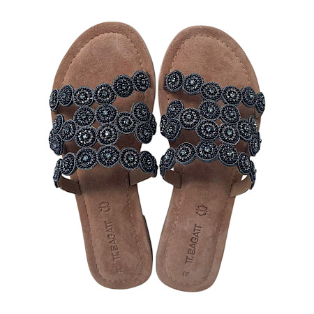 TT Bagatt Pantoletten Damen schwarz metallic glitzer Sandalen mit Strass Kreis Design Leder leicht sommerlich elegant TT Bagatt Pantoletten Damen schwarz metallic glitzer Sandalen mit Strass Kreis Design Leder leicht sommerlich elegant