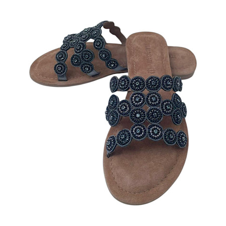 TT Bagatt Pantoletten Damen schwarz metallic glitzer Sandalen mit Strass Kreis Design Leder leicht sommerlich elegant TT Bagatt Pantoletten Damen schwarz metallic glitzer Sandalen mit Strass Kreis Design Leder leicht sommerlich elegant