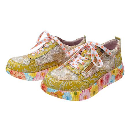 Laura Vita Nikito 62 Damen Sneaker Abricot aus Vollleder mit herausnehmbarer Sohle und Reißverschluss, leichter Plateau Sneaker mit Blumenmuster Laura Vita Nikito 62 Damen Sneaker Abricot aus Vollleder mit herausnehmbarer Sohle und Reißverschluss, leichter Plateau Sneaker mit Blumenmuster