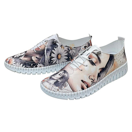 Artiker 58C3080 Damen Sneaker weiß mit Gesichts-Print aus Vollleder, ultraleichte flexible Sohle, austauschbare Einlegesohle Artiker 58C3080 Damen Sneaker weiß mit Gesichts-Print aus Vollleder, ultraleichte flexible Sohle, austauschbare Einlegesohle