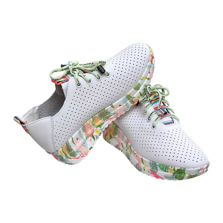 Artiker 58C0598 Sneaker weiß mit grünen Schnürbändern Damen, Vollleder Sneaker mit Keilabsatz und floraler Sohle, sehr leicht Artiker 58C0598 Sneaker weiß mit grünen Schnürbändern Damen, Vollleder Sneaker mit Keilabsatz und floraler Sohle, sehr leicht
