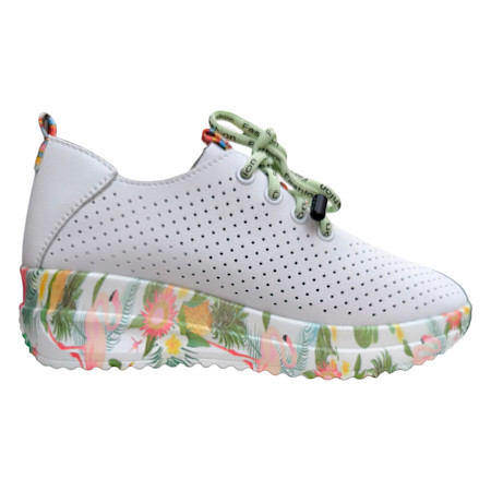 Artiker 58C0598 Sneaker weiß mit grünen Schnürbändern Damen, Vollleder Sneaker mit Keilabsatz und floraler Sohle, sehr leicht Artiker 58C0598 Sneaker weiß mit grünen Schnürbändern Damen, Vollleder Sneaker mit Keilabsatz und floraler Sohle, sehr leicht