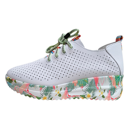 Artiker 58C0598 Sneaker weiß mit grünen Schnürbändern Damen, Vollleder Sneaker mit Keilabsatz und floraler Sohle, sehr leicht Artiker 58C0598 Sneaker weiß mit grünen Schnürbändern Damen, Vollleder Sneaker mit Keilabsatz und floraler Sohle, sehr leicht