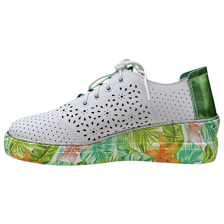 Weißer Leder-Schnürschuh mit Lochmuster und grünen Metallic-Details, ultraleicht mit Keilabsatz – Damen-Sneaker bei kassedy.de ??✨ Weißer Leder-Schnürschuh mit Lochmuster und grünen Metallic-Details, ultraleicht mit Keilabsatz – Damen-Sneaker bei kassedy.de ??✨