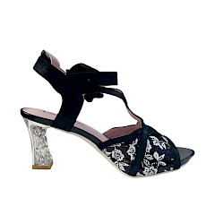 Laura Vita Nino 13 Damen Sandalette in Schwarz mit 6 cm Absatz, Plateau vorne, Ledersohle, Obermaterial aus Leder und Stoff, elegante High Heel Sandale mit Klettverschluss und dekorativem Design