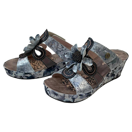 Laura Vita Sandalette gris grau Damen Keilsandale mit Blume Muster Leder elegant sommerlich Plateau Laura Vita Sandalette gris grau Damen Keilsandale mit Blume Muster Leder elegant sommerlich Plateau