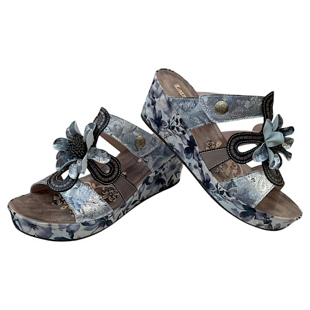 Laura Vita Sandalette gris grau Damen Keilsandale mit Blume Muster Leder elegant sommerlich Plateau Laura Vita Sandalette gris grau Damen Keilsandale mit Blume Muster Leder elegant sommerlich Plateau