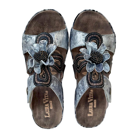 Laura Vita Sandalette gris grau Damen Keilsandale mit Blume Muster Leder elegant sommerlich Plateau Laura Vita Sandalette gris grau Damen Keilsandale mit Blume Muster Leder elegant sommerlich Plateau