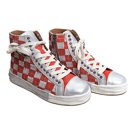 Rebecca W zwavecross115v5 Snowwhite silver suede rosso, High Top Sneaker aus Leder, mit Reißverschluss und Schnürung Rebecca W zwavecross115v5 Snowwhite silver suede rosso, High Top Sneaker aus Leder, mit Reißverschluss und Schnürung