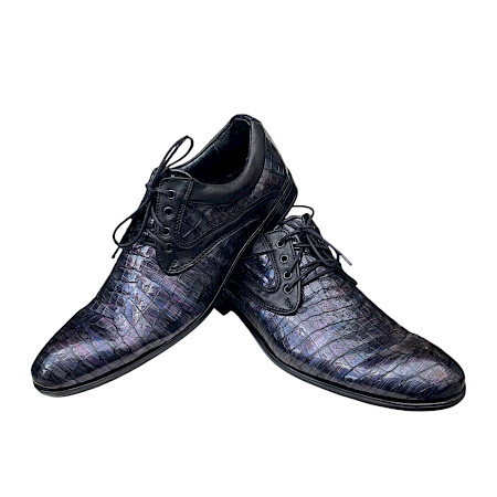 Eleganter Schnürschuh in lila-schwarzer Reptiloptik mit glänzender Oberfläche, klassischer Form und feinen Schnürdetails. Eleganter Schnürschuh in lila-schwarzer Reptiloptik mit glänzender Oberfläche, klassischer Form und feinen Schnürdetails.