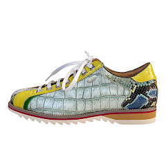 Enzo Vita Achille 18 jaune, auffälliger Schnürschuh in Gelb mit strukturierter, reptilienähnlicher Oberfläche und weißen Schnürsenkeln – modern, extravagant und ein echter Blickfang.