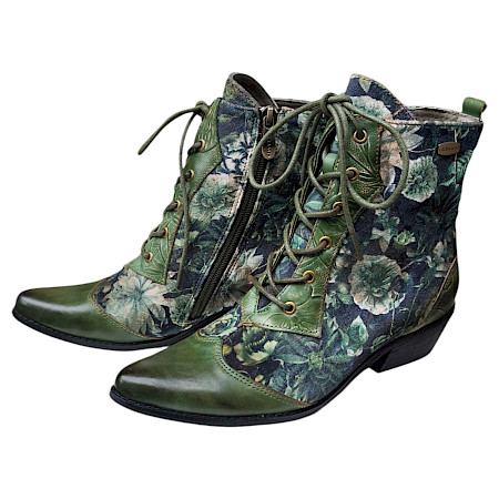 Laura Vita Hicnio 29 Damen-Stiefelette in Kaki und Grün mit floralem Muster, Leder-Textil-Mix, Schnürung, Reißverschluss und 4,5 cm Blockabsatz – außergewöhnliche Laura Vita Stiefelette bei... Laura Vita Hicnio 29 Damen-Stiefelette in Kaki und Grün mit floralem Muster, Leder-Textil-Mix, Schnürung, Reißverschluss und 4,5 cm Blockabsatz – außergewöhnliche Laura Vita Stiefelette bei...