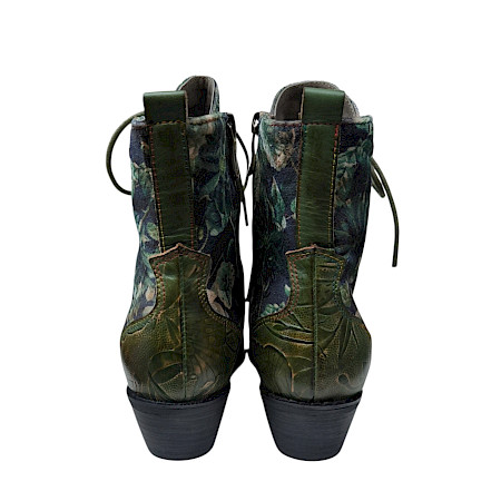 Laura Vita Hicnio 29 Damen-Stiefelette in Kaki und Grün mit floralem Muster, Leder-Textil-Mix, Schnürung, Reißverschluss und 4,5 cm Blockabsatz – außergewöhnliche Laura Vita Stiefelette bei... Laura Vita Hicnio 29 Damen-Stiefelette in Kaki und Grün mit floralem Muster, Leder-Textil-Mix, Schnürung, Reißverschluss und 4,5 cm Blockabsatz – außergewöhnliche Laura Vita Stiefelette bei...