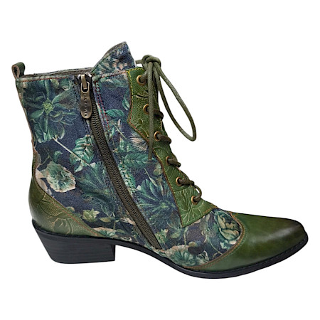Laura Vita Hicnio 29 Damen-Stiefelette in Kaki und Grün mit floralem Muster, Leder-Textil-Mix, Schnürung, Reißverschluss und 4,5 cm Blockabsatz – außergewöhnliche Laura Vita Stiefelette bei... Laura Vita Hicnio 29 Damen-Stiefelette in Kaki und Grün mit floralem Muster, Leder-Textil-Mix, Schnürung, Reißverschluss und 4,5 cm Blockabsatz – außergewöhnliche Laura Vita Stiefelette bei...