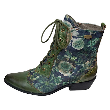 Laura Vita Hicnio 29 Damen-Stiefelette in Kaki und Grün mit floralem Muster, Leder-Textil-Mix, Schnürung, Reißverschluss und 4,5 cm Blockabsatz – außergewöhnliche Laura Vita Stiefelette bei... Laura Vita Hicnio 29 Damen-Stiefelette in Kaki und Grün mit floralem Muster, Leder-Textil-Mix, Schnürung, Reißverschluss und 4,5 cm Blockabsatz – außergewöhnliche Laura Vita Stiefelette bei...