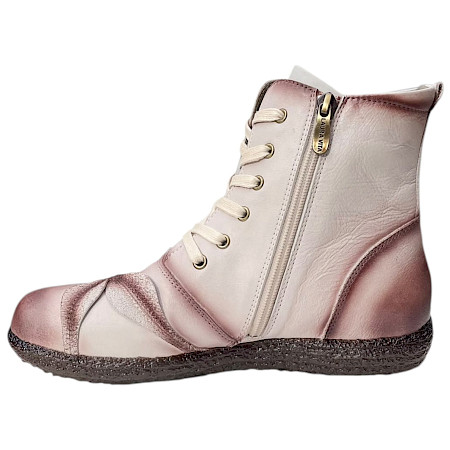 Laura Vita Cocno 48 Damen-Stiefelette aus Echtleder in Creme und Rosé mit Metallic-Farbverlauf, Schnürung, seitlichem Reißverschluss und flexibler Sohle. Laura Vita Cocno 48 Damen-Stiefelette aus Echtleder in Creme und Rosé mit Metallic-Farbverlauf, Schnürung, seitlichem Reißverschluss und flexibler Sohle.
