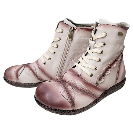 Laura Vita Cocno 48 Damen-Stiefelette aus Echtleder in Creme und Rosé mit Metallic-Farbverlauf, Schnürung, seitlichem Reißverschluss und flexibler Sohle. Laura Vita Cocno 48 Damen-Stiefelette aus Echtleder in Creme und Rosé mit Metallic-Farbverlauf, Schnürung, seitlichem Reißverschluss und flexibler Sohle.