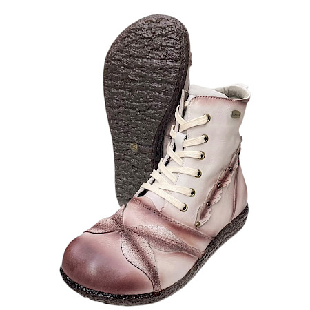 Laura Vita Cocno 48 Damen-Stiefelette aus Echtleder in Creme und Rosé mit Metallic-Farbverlauf, Schnürung, seitlichem Reißverschluss und flexibler Sohle. Laura Vita Cocno 48 Damen-Stiefelette aus Echtleder in Creme und Rosé mit Metallic-Farbverlauf, Schnürung, seitlichem Reißverschluss und flexibler Sohle.