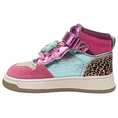 Shoesme NO25W100-K halbhoher Kinder-Sneaker in Pink Metallic mit Leo-Detail, Neon-Stern, Klettverschluss, herausnehmbarer Einlegesohle und dekorativen Schnürsenkel-Anhängern. Shoesme NO25W100-K halbhoher Kinder-Sneaker in Pink Metallic mit Leo-Detail, Neon-Stern, Klettverschluss, herausnehmbarer Einlegesohle und dekorativen Schnürsenkel-Anhängern.