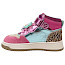 Shoesme NO25W100-K halbhoher Kinder-Sneaker in Pink Metallic mit Leo-Detail, Neon-Stern, Klettverschluss, herausnehmbarer Einlegesohle und dekorativen Schnürsenkel-Anhängern.