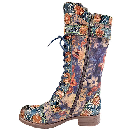 Laura Vita Anitao 21 Damenstiefel in Jeans Blau aus echtem Leder mit floralem Muster, Schnürung, seitlichem Reißverschluss und stabiler Sohle. Laura Vita Anitao 21 Damenstiefel in Jeans Blau aus echtem Leder mit floralem Muster, Schnürung, seitlichem Reißverschluss und stabiler Sohle.