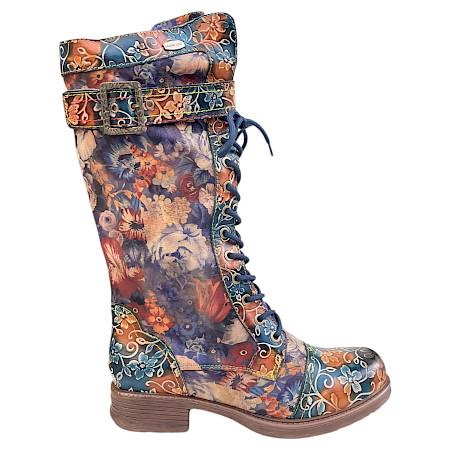 Laura Vita Anitao 21 Damenstiefel in Jeans Blau aus echtem Leder mit floralem Muster, Schnürung, seitlichem Reißverschluss und stabiler Sohle. Laura Vita Anitao 21 Damenstiefel in Jeans Blau aus echtem Leder mit floralem Muster, Schnürung, seitlichem Reißverschluss und stabiler Sohle.