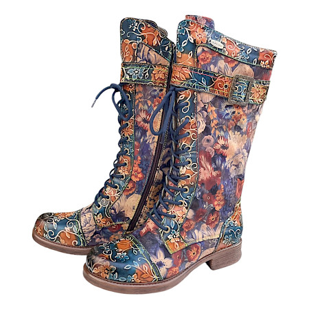 Laura Vita Anitao 21 Damenstiefel in Jeans Blau aus echtem Leder mit floralem Muster, Schnürung, seitlichem Reißverschluss und stabiler Sohle. Laura Vita Anitao 21 Damenstiefel in Jeans Blau aus echtem Leder mit floralem Muster, Schnürung, seitlichem Reißverschluss und stabiler Sohle.