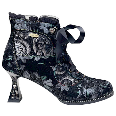 Laura Vita Oliveo 03 Damen-Stiefelette in Dorian mit floralem Muster, Leder-Textil-Mix, Satin-Schnürung, Reißverschluss, Memory-Sohle und ca. 7,5 cm Absatz – extravagante Laura Vita Stiefelette... Laura Vita Oliveo 03 Damen-Stiefelette in Dorian mit floralem Muster, Leder-Textil-Mix, Satin-Schnürung, Reißverschluss, Memory-Sohle und ca. 7,5 cm Absatz – extravagante Laura Vita Stiefelette...