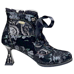 Laura Vita Oliveo 03 Damen-Stiefelette in Dorian mit floralem Muster, Leder-Textil-Mix, Satin-Schnürung, Reißverschluss, Memory-Sohle und ca. 7,5 cm Absatz – extravagante Laura Vita Stiefelette bei kassedy.de.