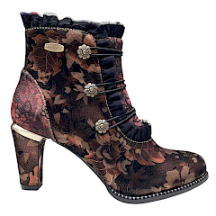 Laura Vita Alcbaneo 130 Damen-Stiefelette in Bronze mit floralem Muster, dekorativen Details, Absatz und seitlichem Reißverschluss – außergewöhnliche Damenstiefelette bei Kassedy.