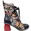 Laura Vita EVCAO 01 Damen-Leder-Stiefelette in Charbon mit floralem Multicolor-Muster, Schmetterlings- und Libellenmotiven, schwarzen Satinbändern, Reißverschluss und 7 cm Blockabsatz – außergewöhnliche Laura Vita Stiefelette bei kassedy.de.
