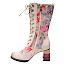  Laura Vita Idcano 07 Damenstiefel in Beige mit floralem Muster, Schnürung, seitlichem Reißverschluss und ca. 5 cm Absatz.