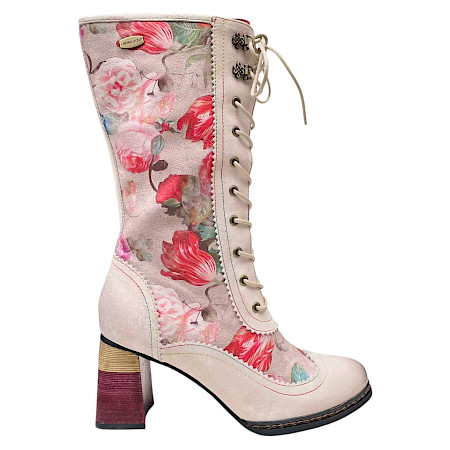 Laura Vita Idcano 07 Damenstiefel in Beige mit floralem Muster, Schnürung, seitlichem Reißverschluss und ca. 5 cm Absatz. Laura Vita Idcano 07 Damenstiefel in Beige mit floralem Muster, Schnürung, seitlichem Reißverschluss und ca. 5 cm Absatz.