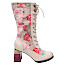  Laura Vita Idcano 07 Damenstiefel in Beige mit floralem Muster, Schnürung, seitlichem Reißverschluss und ca. 5 cm Absatz.