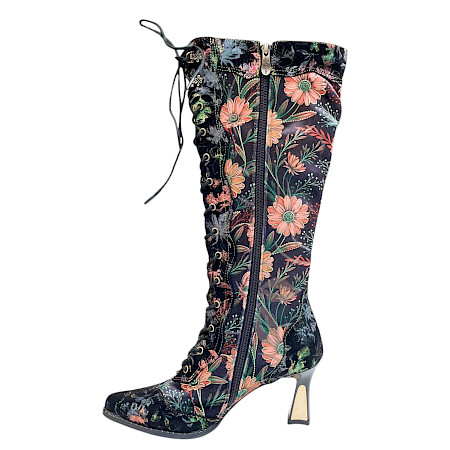 Laura Vita Oanelo 02 Damenstiefel aus Echtleder mit buntem Blumenmuster, Glitzerdetails, Schnürung, Reißverschluss und 6 cm Absatz. Laura Vita Oanelo 02 Damenstiefel aus Echtleder mit buntem Blumenmuster, Glitzerdetails, Schnürung, Reißverschluss und 6 cm Absatz.