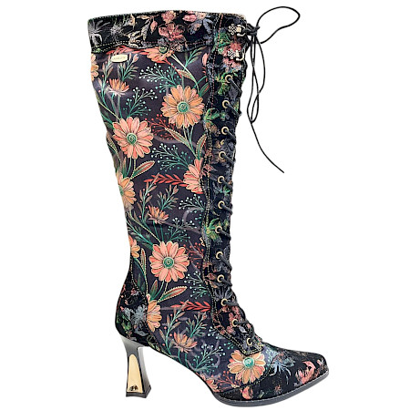 Laura Vita Oanelo 02 Damenstiefel aus Echtleder mit buntem Blumenmuster, Glitzerdetails, Schnürung, Reißverschluss und 6 cm Absatz. Laura Vita Oanelo 02 Damenstiefel aus Echtleder mit buntem Blumenmuster, Glitzerdetails, Schnürung, Reißverschluss und 6 cm Absatz.