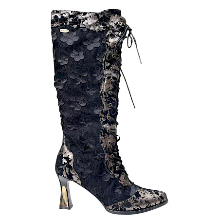 Laura Vita OANELO 02 Damen-Stiefel in Noir mit Leder-Textil-Mix, schwarzen 3D-Blüten, floralem Metallic-Muster, langer Schnürung, Reißverschluss und femininem Absatz – extravaganter schwarzer... Laura Vita OANELO 02 Damen-Stiefel in Noir mit Leder-Textil-Mix, schwarzen 3D-Blüten, floralem Metallic-Muster, langer Schnürung, Reißverschluss und femininem Absatz – extravaganter schwarzer...