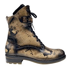 Simen 8584A Damen-Stiefelette in Beige-Schwarz mit außergewöhnlicher Struktur, Schnürung, seitlichem Reißverschluss, dekorativer Schnalle und kleinem Blockabsatz – erhältlich bei kassedy.de.