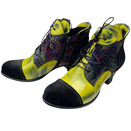 Simen 8475A Damen-Stiefelette in Schwarz-Grün mit farbenfrohem Ornament-Design, großzügiger Weite im Vorfuß, Schnürung, Innenreißverschluss, austauschbarer Einlegesohle und ca. 3,5–4 cm... Simen 8475A Damen-Stiefelette in Schwarz-Grün mit farbenfrohem Ornament-Design, großzügiger Weite im Vorfuß, Schnürung, Innenreißverschluss, austauschbarer Einlegesohle und ca. 3,5–4 cm...