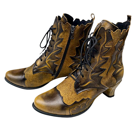 Simen 8496A Damen-Stiefelette in Gelb-Gold und Braun aus Leder mit außergewöhnlichem Vintage-Design, leichtem Mikrofaserfutter, großzügiger Passform, Schnürung, Innenreißverschluss und bequemem... Simen 8496A Damen-Stiefelette in Gelb-Gold und Braun aus Leder mit außergewöhnlichem Vintage-Design, leichtem Mikrofaserfutter, großzügiger Passform, Schnürung, Innenreißverschluss und bequemem...