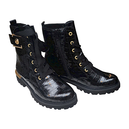 Remonte D8683-00 Damen-Boot in Schwarz mit veganem Kunstlack-Obermaterial in Kroko-Optik, goldfarbenen Details, breiter Schnürung, Reißverschluss, Komfortweite G und herausnehmbarer Einlegesohle... Remonte D8683-00 Damen-Boot in Schwarz mit veganem Kunstlack-Obermaterial in Kroko-Optik, goldfarbenen Details, breiter Schnürung, Reißverschluss, Komfortweite G und herausnehmbarer Einlegesohle...